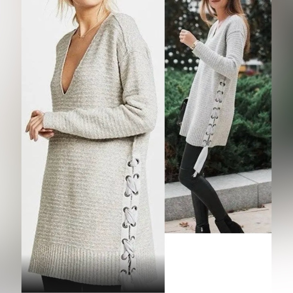 Free People Heart It Laces Oversized Heather Gray Knit Pullover Sweater Sz. M